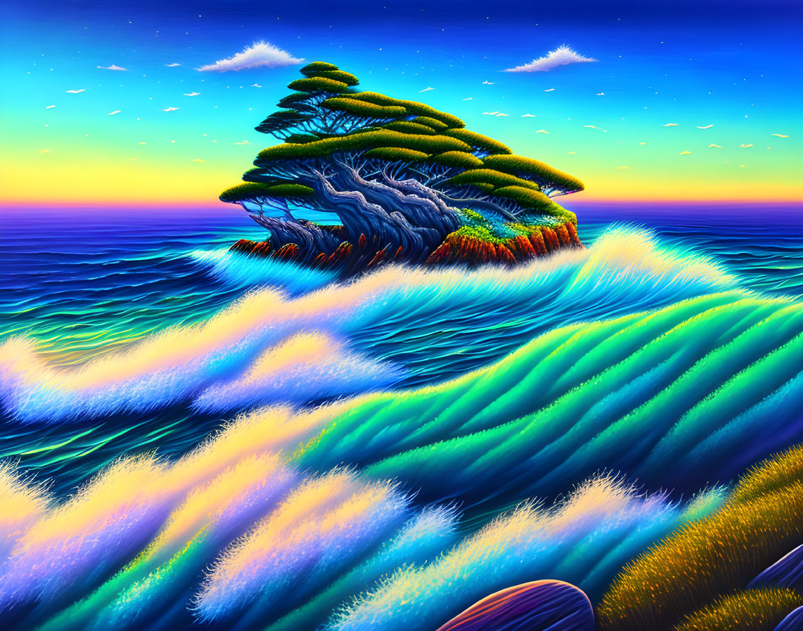 Stylized ocean painting with tree-covered island amidst swirling waves