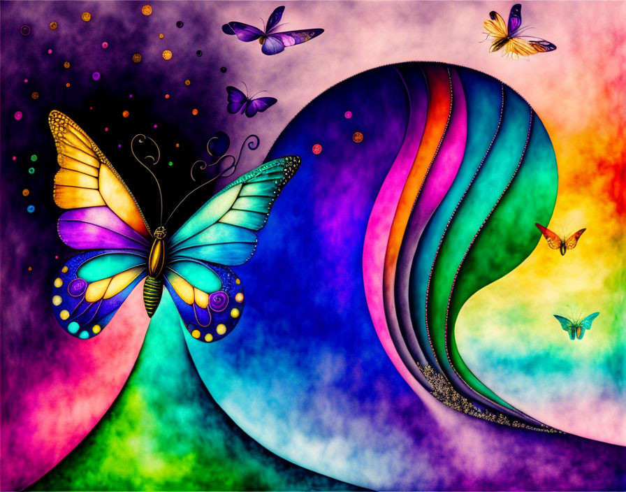 Colorful digital artwork featuring detailed butterfly wings on abstract background