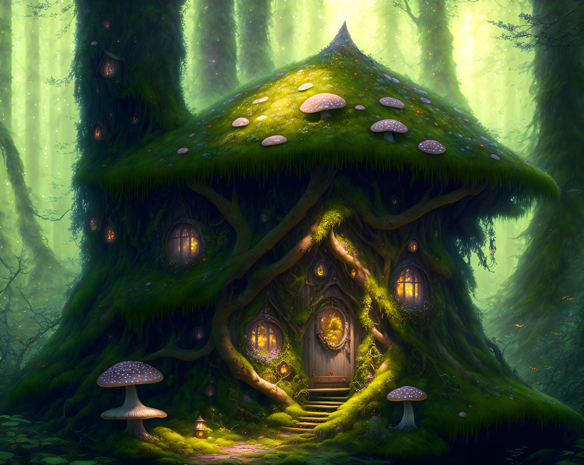 Enchanting forest house with moss roof, glowing windows, and mushroom path