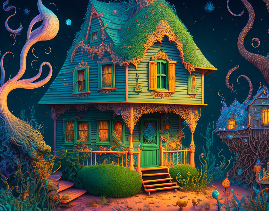 Vibrant fantasy house illustration with surreal plant-like structures