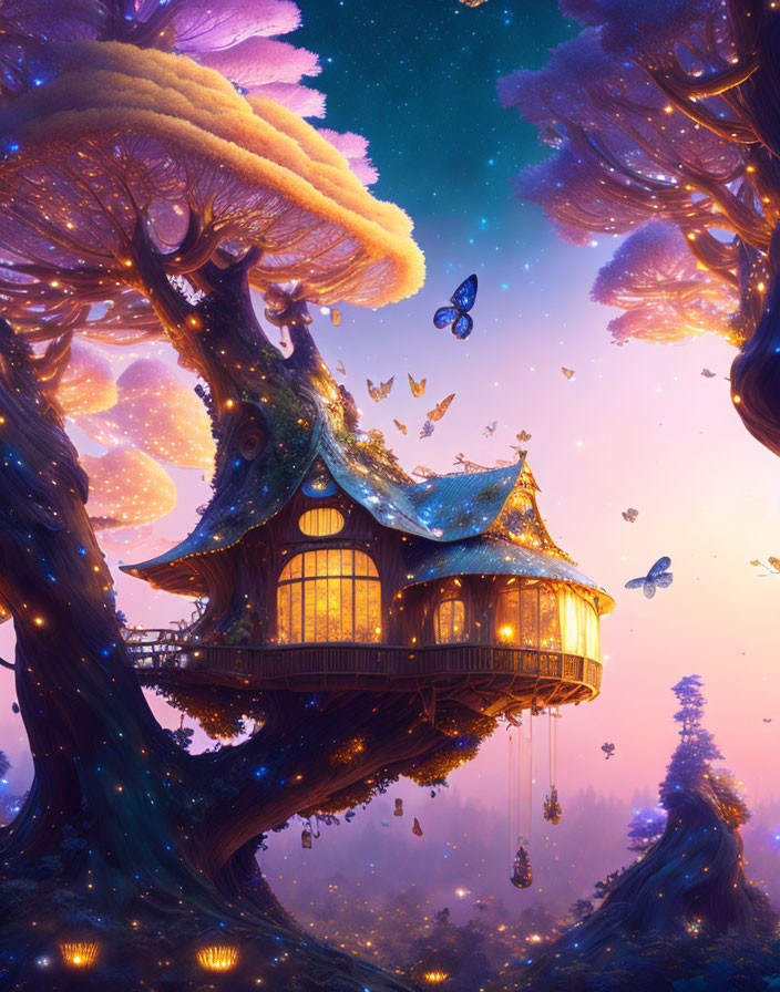 Enchanting Treehouse in Magical Forest with Glowing Lights