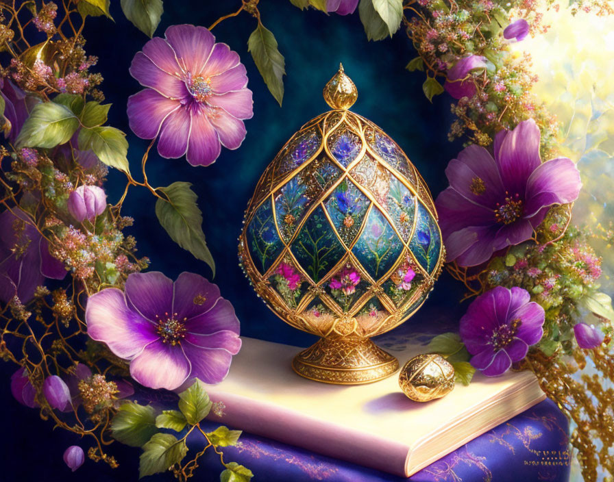 Golden egg with jewels, pink flowers, purple book, and blue backdrop.