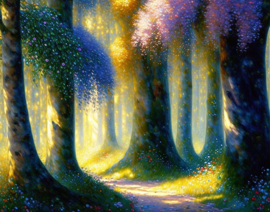 Colorful forest path with radiant light beams and luminescent flora