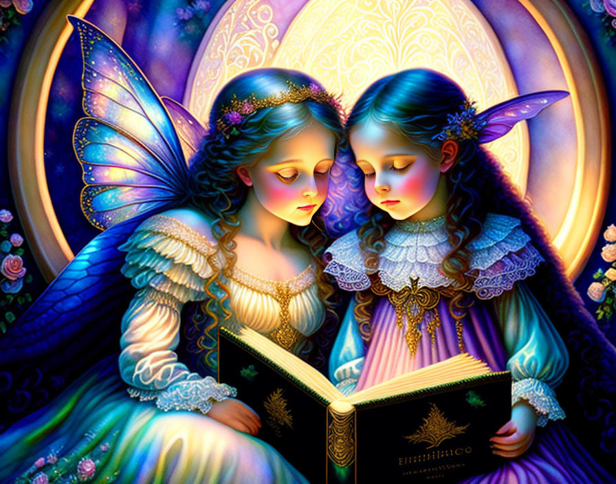 Glowing fairy duo reading magical book in enchanted garden