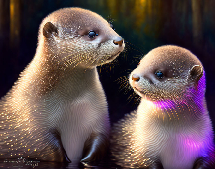 Realistic otters with glossy fur under purple and yellow lighting in dark setting