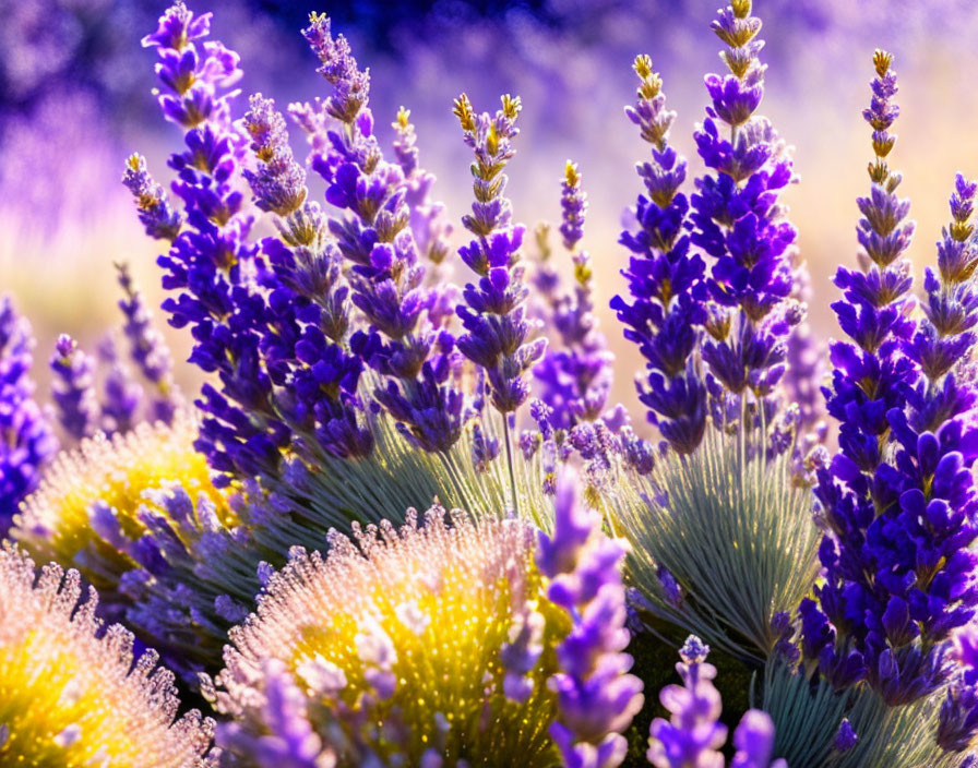 Lavender flowers in bloom with purple and yellow hues in dreamy setting