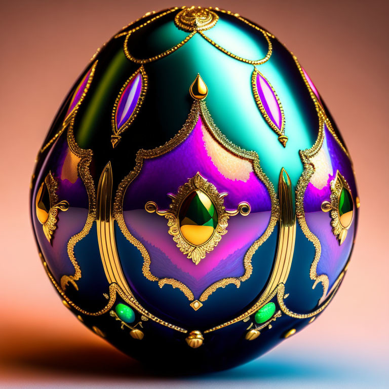 Intricate gold patterns on vibrant Fabergé egg with jewel embellishments