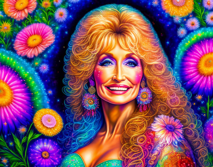 Colorful portrait of a smiling woman with blonde hair in a psychedelic setting.