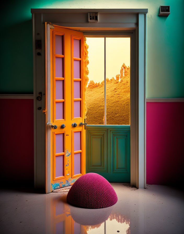 Colorful Door Opens to Desert Sunset Scene with Pink Cushion