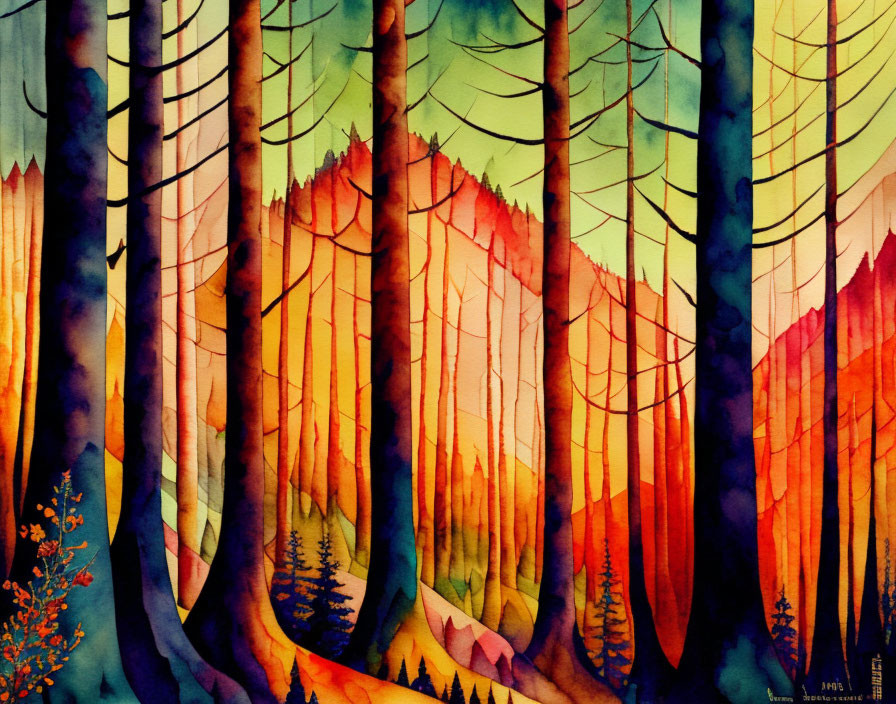 Colorful watercolor forest painting with stylized trees in green, orange, and yellow hues.