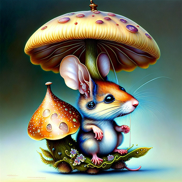 Colorful Illustration of Mouse Under Mushroom Umbrella