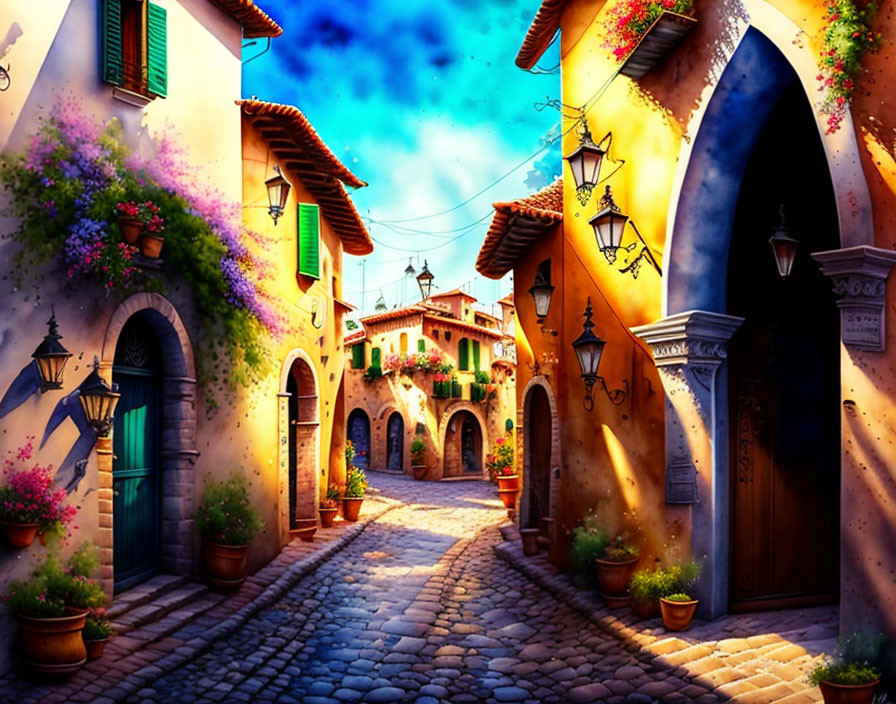 Colorful European town alleyway with cobblestones, flowers, and lanterns