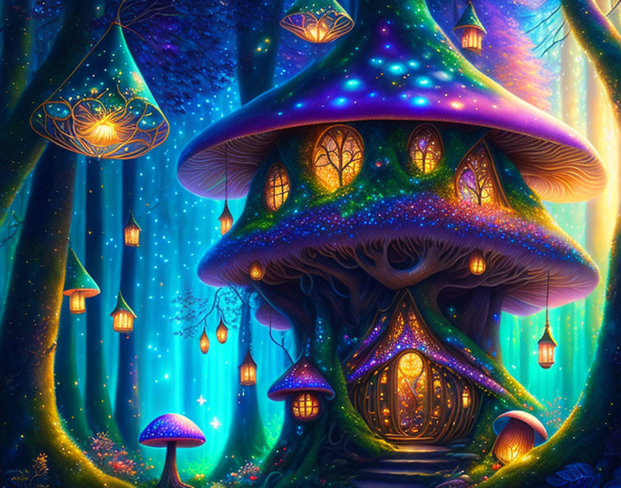 Enchanted forest with glowing mushroom house