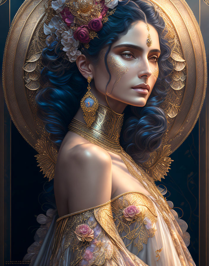 Illustrated woman with blue hair and ornate floral jewelry and halo.