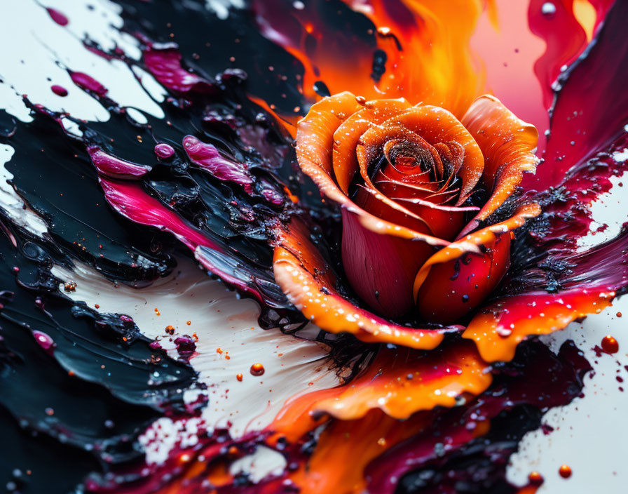 Flaming rose amidst colorful paint splatter