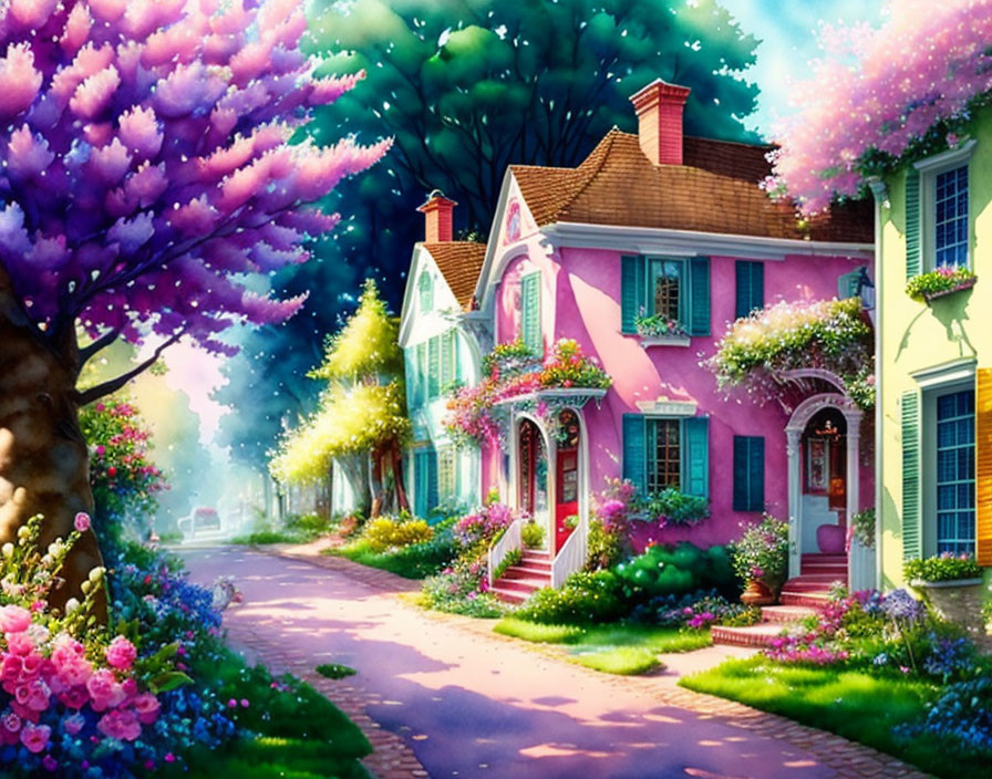 Pink house with flowers and plants on sunny street