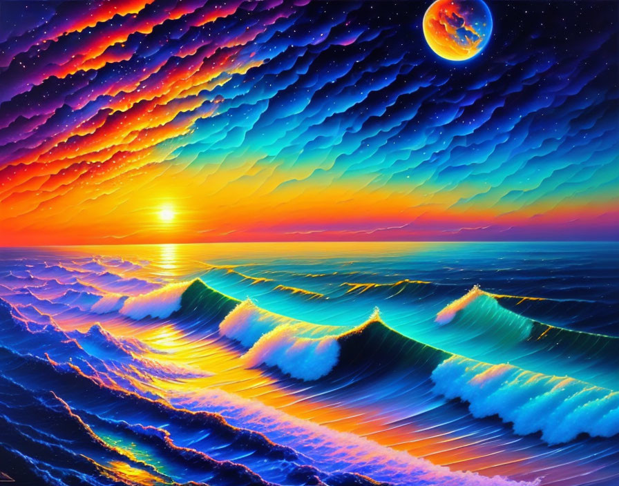 Colorful surreal ocean scene with neon sky, sun, and moon