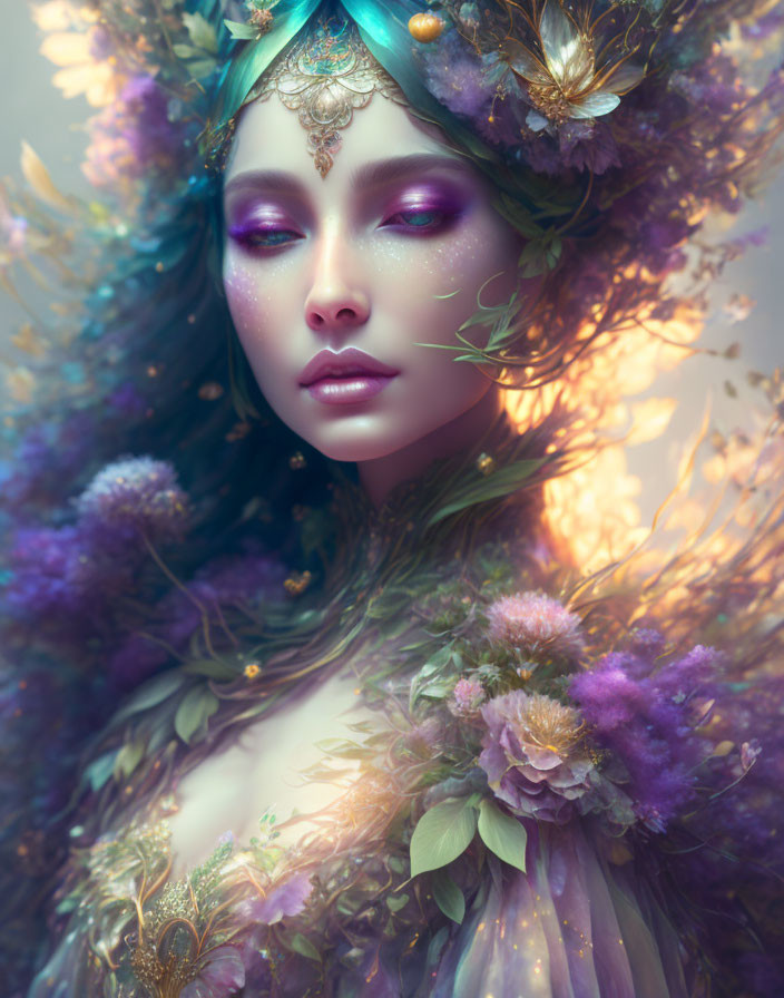 Ethereal figure with floral headpiece in soft purple and green palette