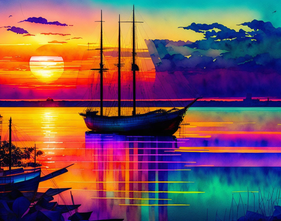 Colorful Sailboat Sunset Art with Cloudy Sky