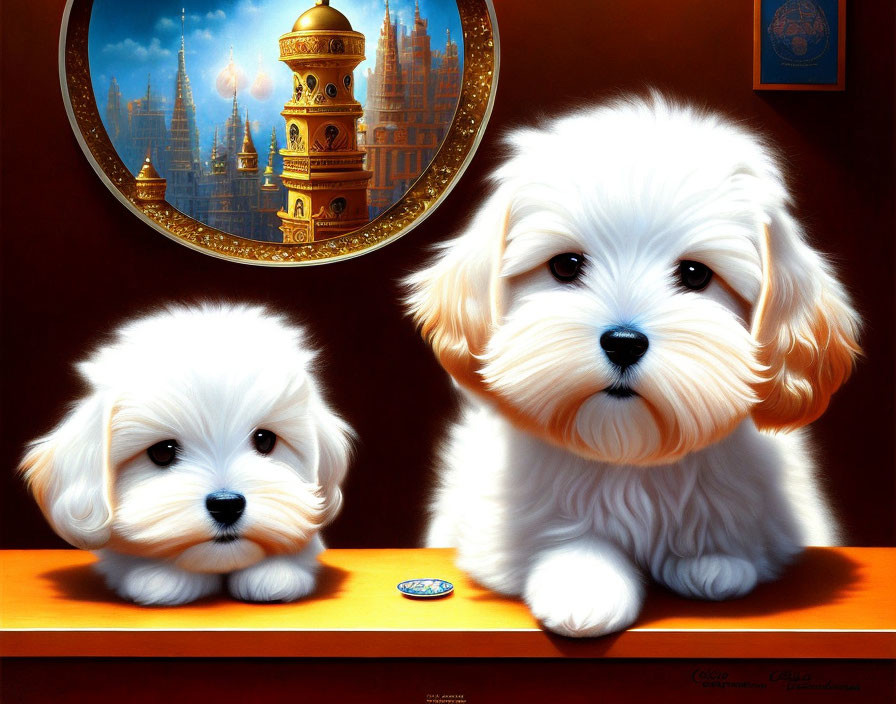 Fluffy white puppies with grand castle painting and golden tower