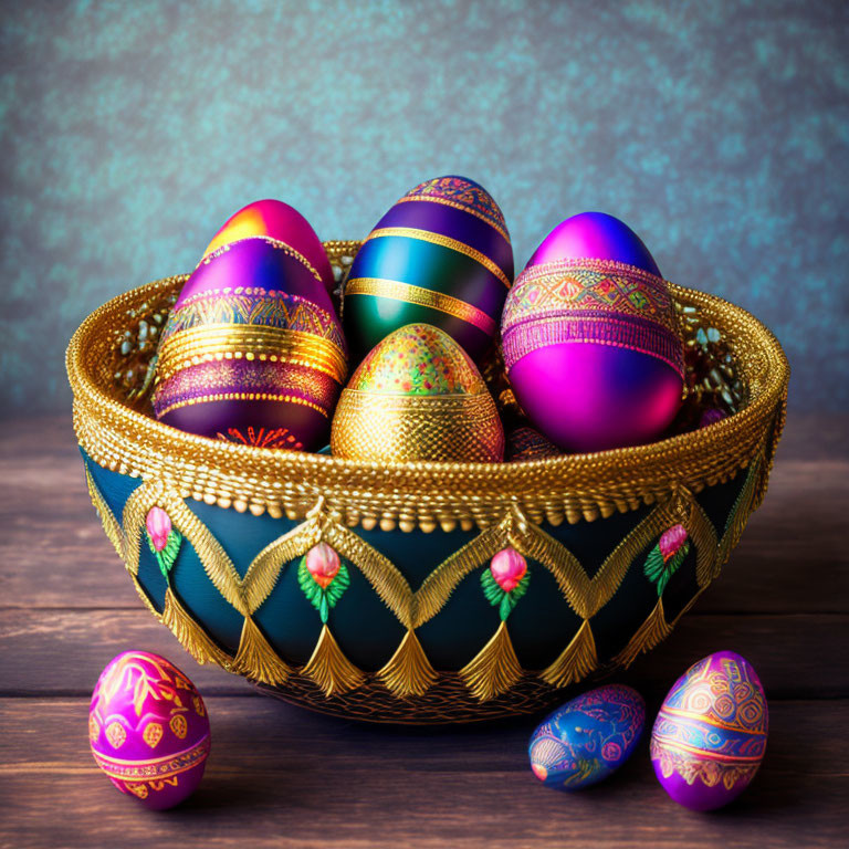 Colorful Easter eggs in decorative bowl on wooden surface