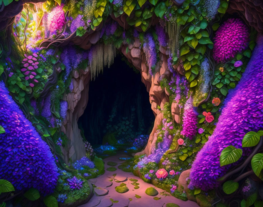 Enchanting cave entrance with purple flowers and mystical lighting