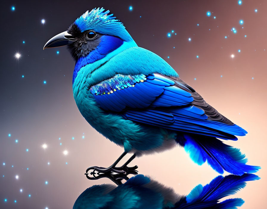 Colorful Bird with Sparkling Feathers on Starry Gradient Background