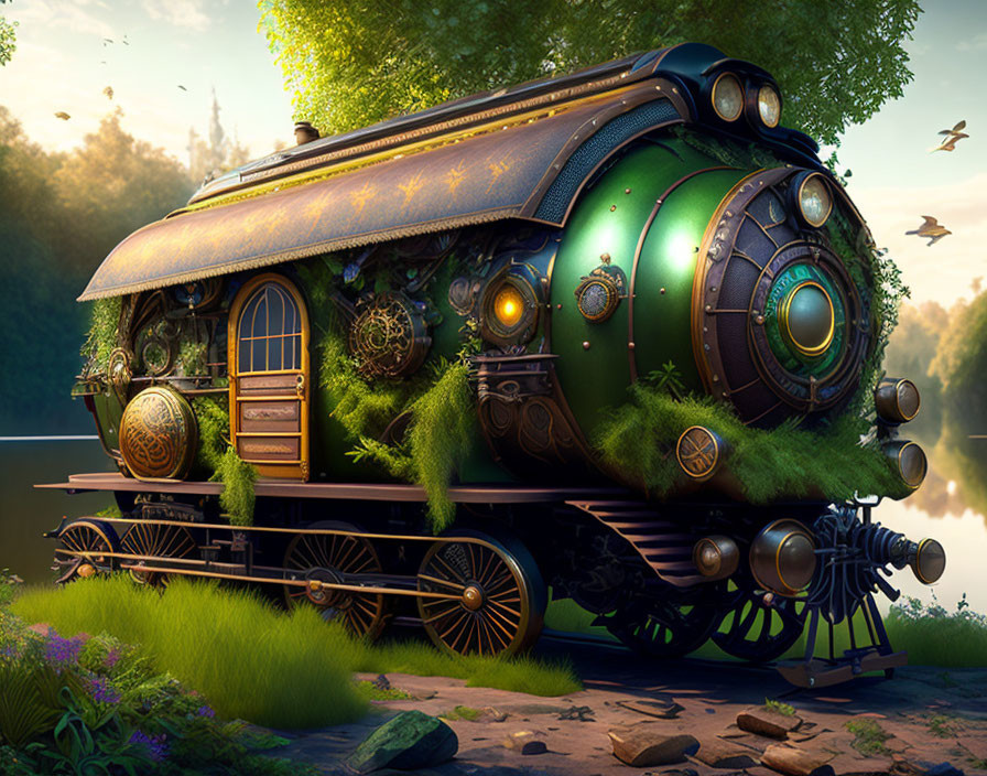 Fantastical steam locomotive with lush greenery by serene river