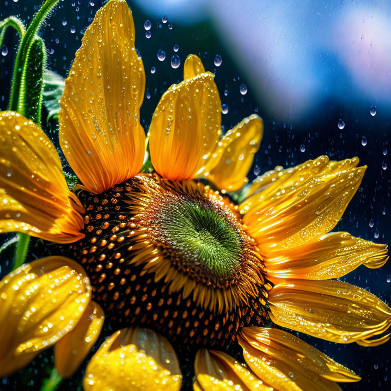 Vibrant sunflower with water droplets on yellow petals against blue background