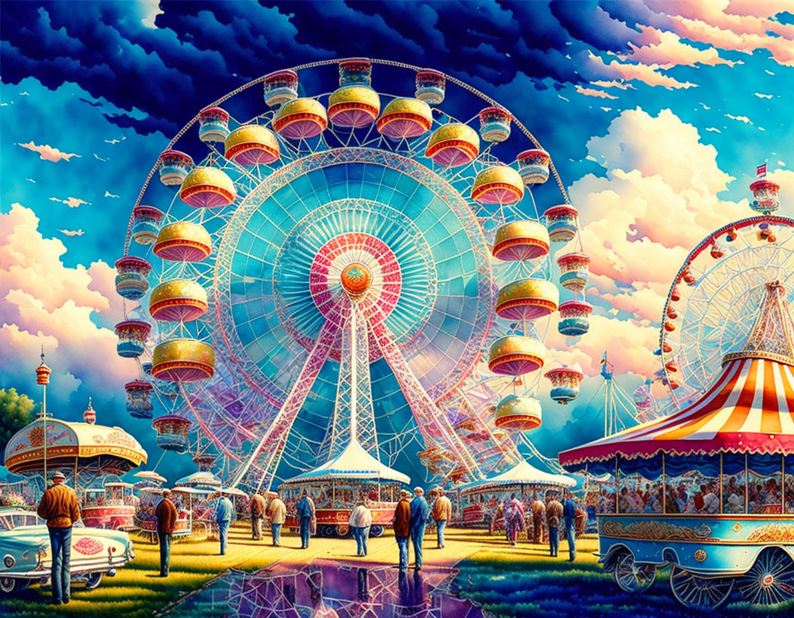 Colorful amusement park with Ferris wheel, carousel, tents, and vintage cars under a bright sky