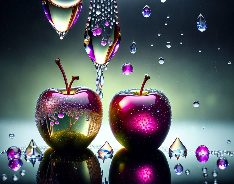 Fresh apples with water droplets on reflective surfaces in colorful geometric scene