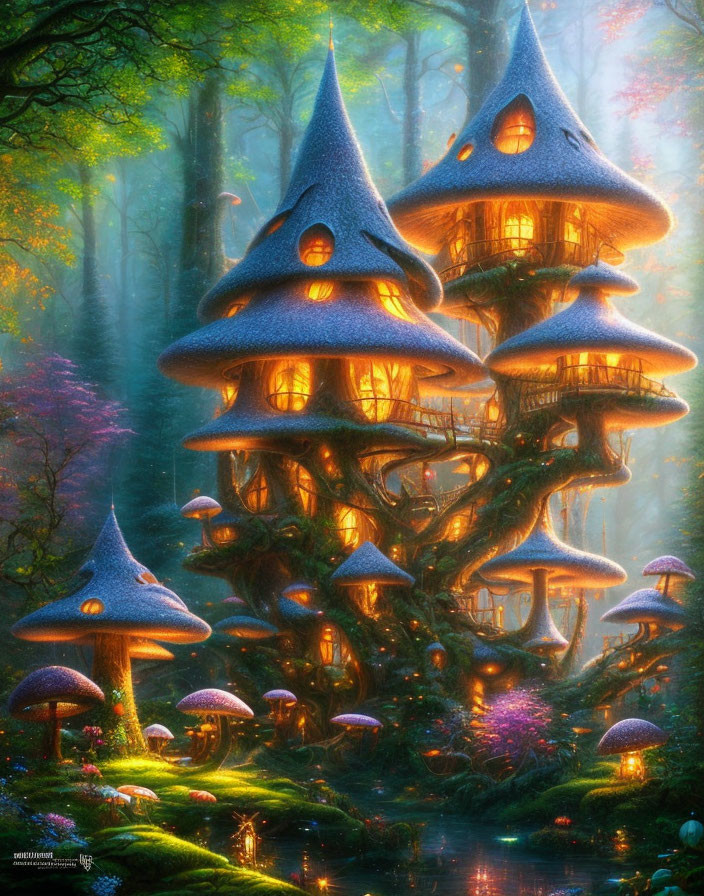 Illustration: Multi-level treehouse with mushroom roofs in enchanted forest.