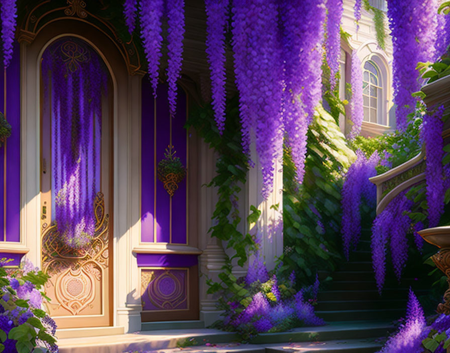 Golden doors framed by cascading purple wisteria at dusk