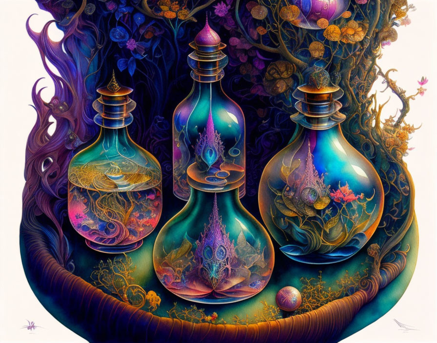 Intricate Ecosystems in Ornate Glass Bottles on Dark Background