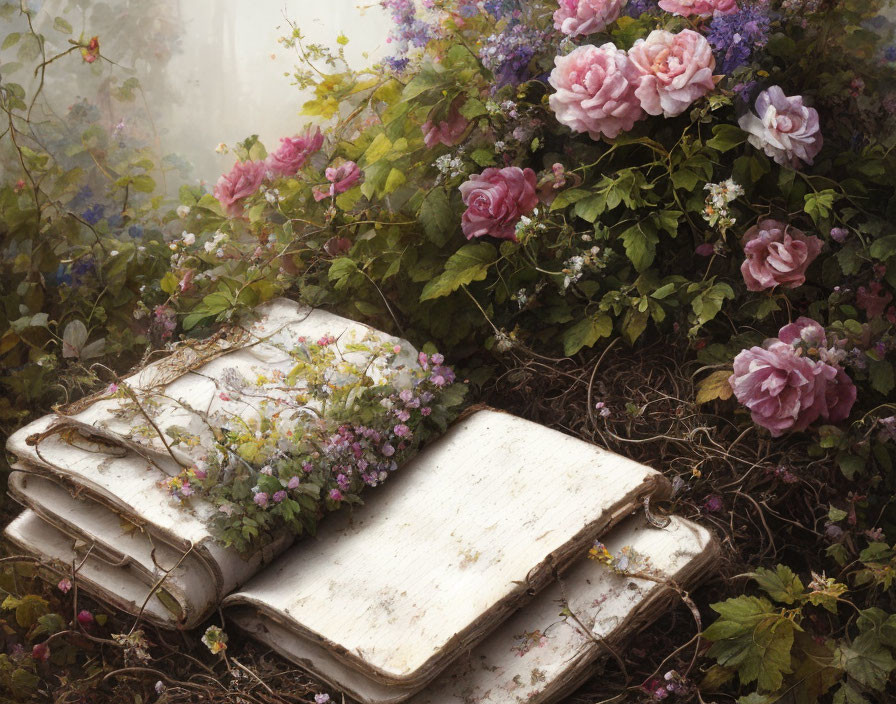 Antique book surrounded by pink and purple flowers in lush greenery