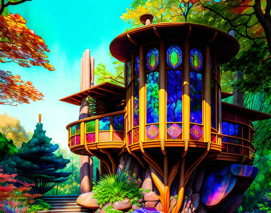 Colorful whimsical treehouse in lush, fantastical setting