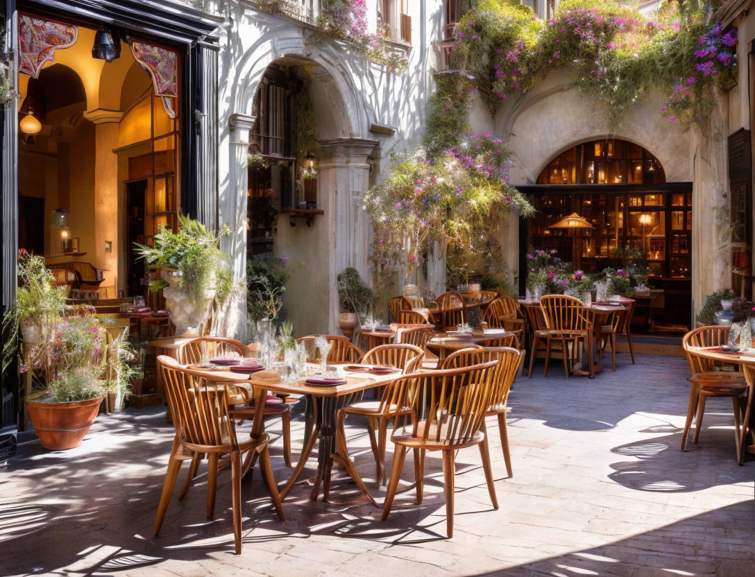 Outdoor Dining Area with Wooden Tables and Chairs Amidst Greenery and Warm Lighting