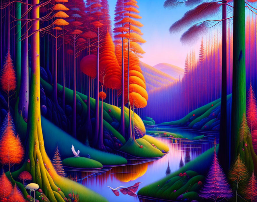 Colorful digital artwork: Enchanting forest with neon hues, reflective water, stylized flora,