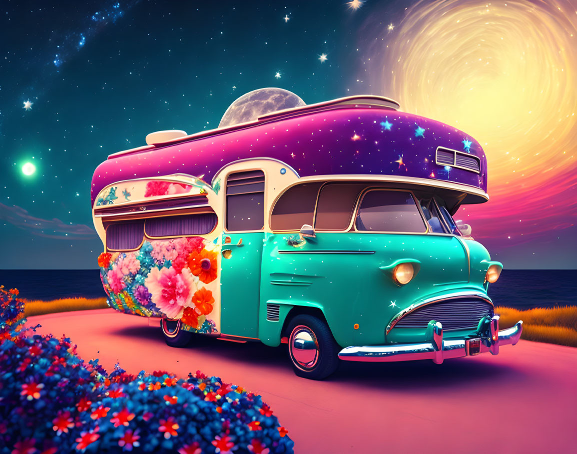 Vintage Turquoise Camper Van with Space-Themed Paint and Floral Decorations in Flower Field at Night