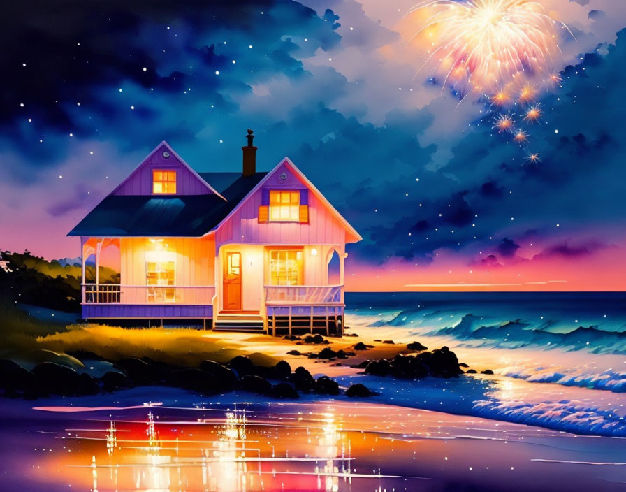 Beachfront house at night with lit windows and fireworks