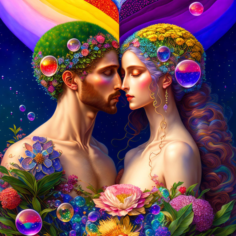 Digital artwork of man and woman with floral adornments and multicolored backdrop.