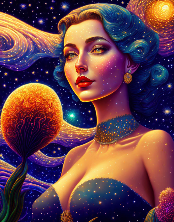 Colorful illustration: Woman with blue hair in cosmic scene