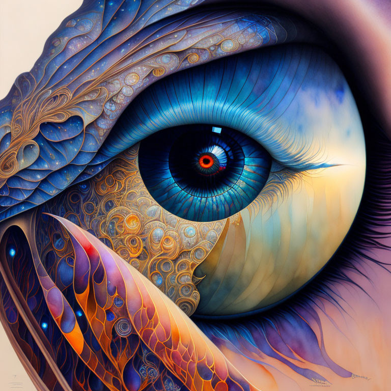 Detailed Hyper-Realistic Eye Painting with Colorful Feathers and Mechanical Patterns