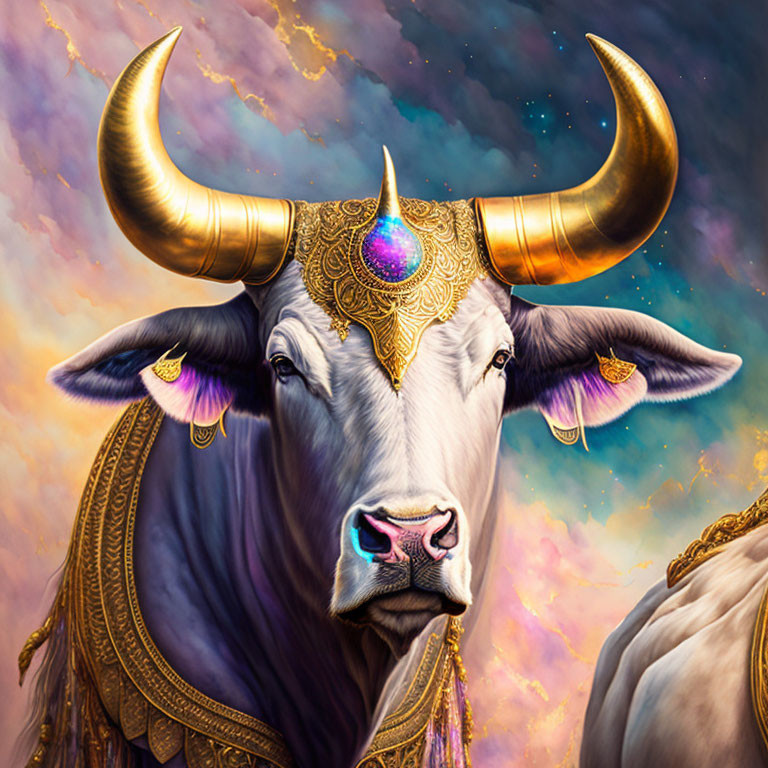 Majestic bull with golden horns and cosmic backdrop artwork