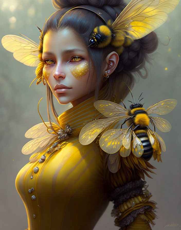 Fantasy illustration of woman with bee-like features and golden hues.