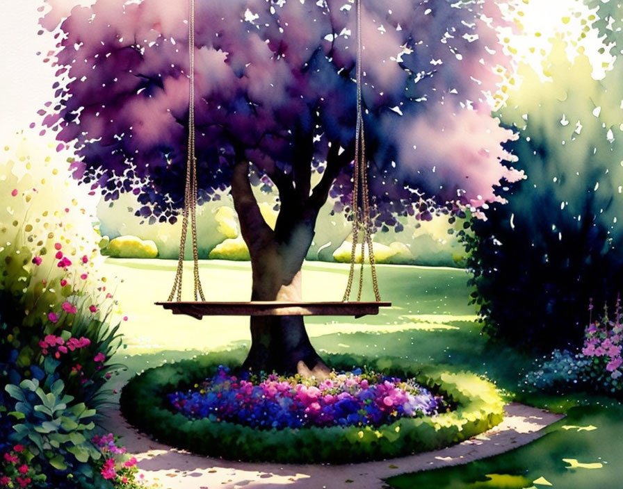 Tranquil watercolor painting of swing on purple tree surrounded by flowers