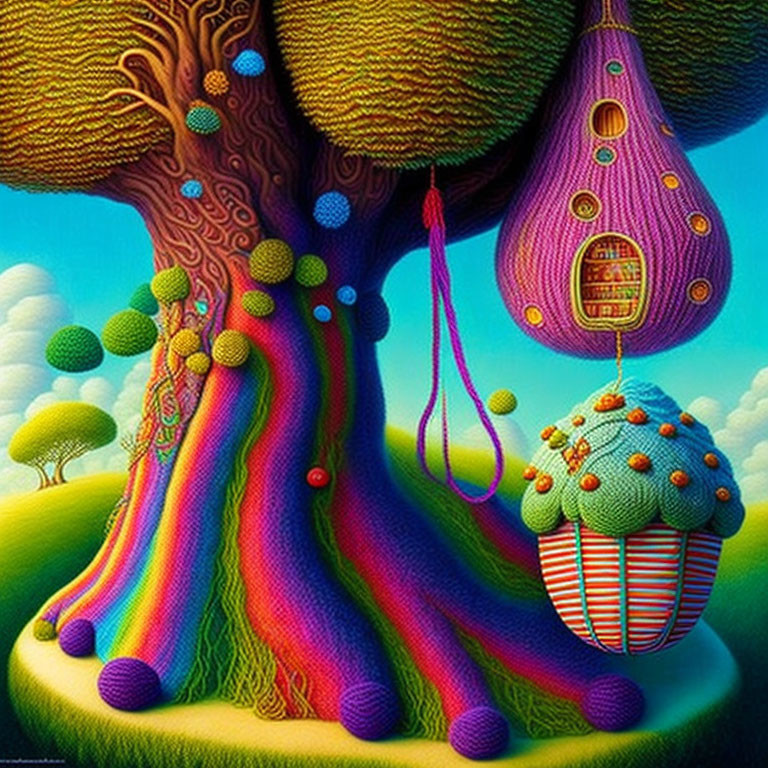 Colorful textured tree with whimsical treehouse and hanging pod in surreal landscape