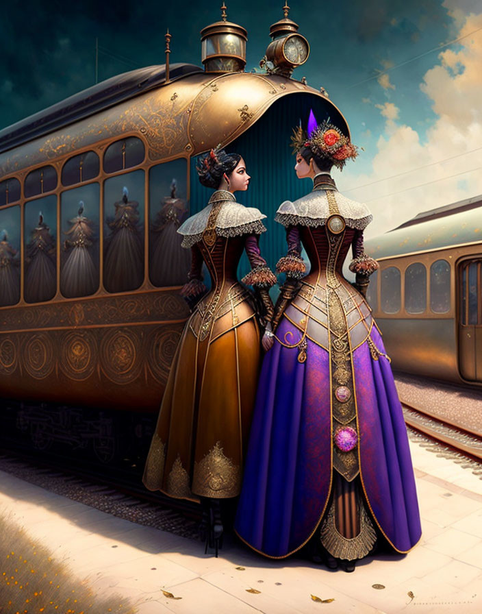 Two Women in Victorian Steampunk Attire by Retro-Futuristic Train