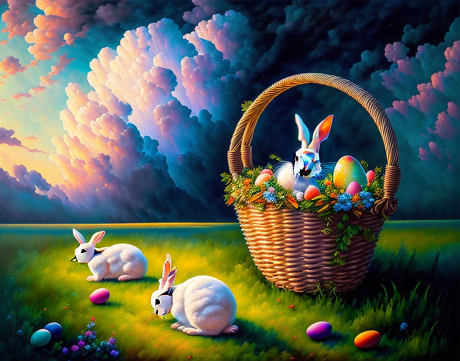 Whimsical painting: Three white rabbits and Easter eggs in vibrant meadow