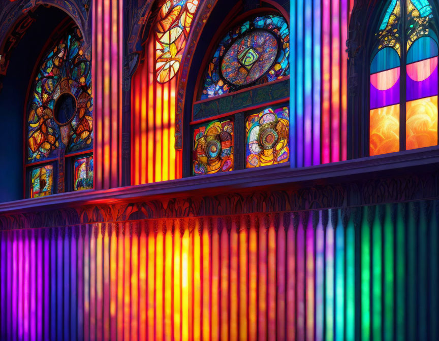 Vibrant patterns from colorful light through stained glass windows